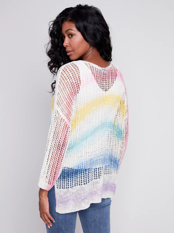 Charlie B Fishnet Crochet Sweater with Drop Shoulder 3/4 Sleeve - Rainbow