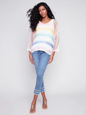 Charlie B Fishnet Crochet Sweater with Drop Shoulder 3/4 Sleeve - Rainbow