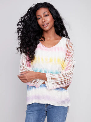 Charlie B Fishnet Crochet Sweater with Drop Shoulder 3/4 Sleeve - Rainbow