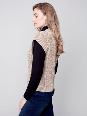 Charlie B Cable Knit V-Neck Sleeveless Sweater Vest - Truffle
