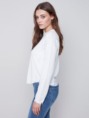 Charlie B Crew Neck Sweater with Fray Edges - Cream