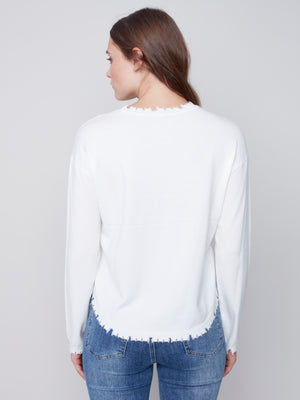 Charlie B Crew Neck Sweater with Fray Edges - Cream