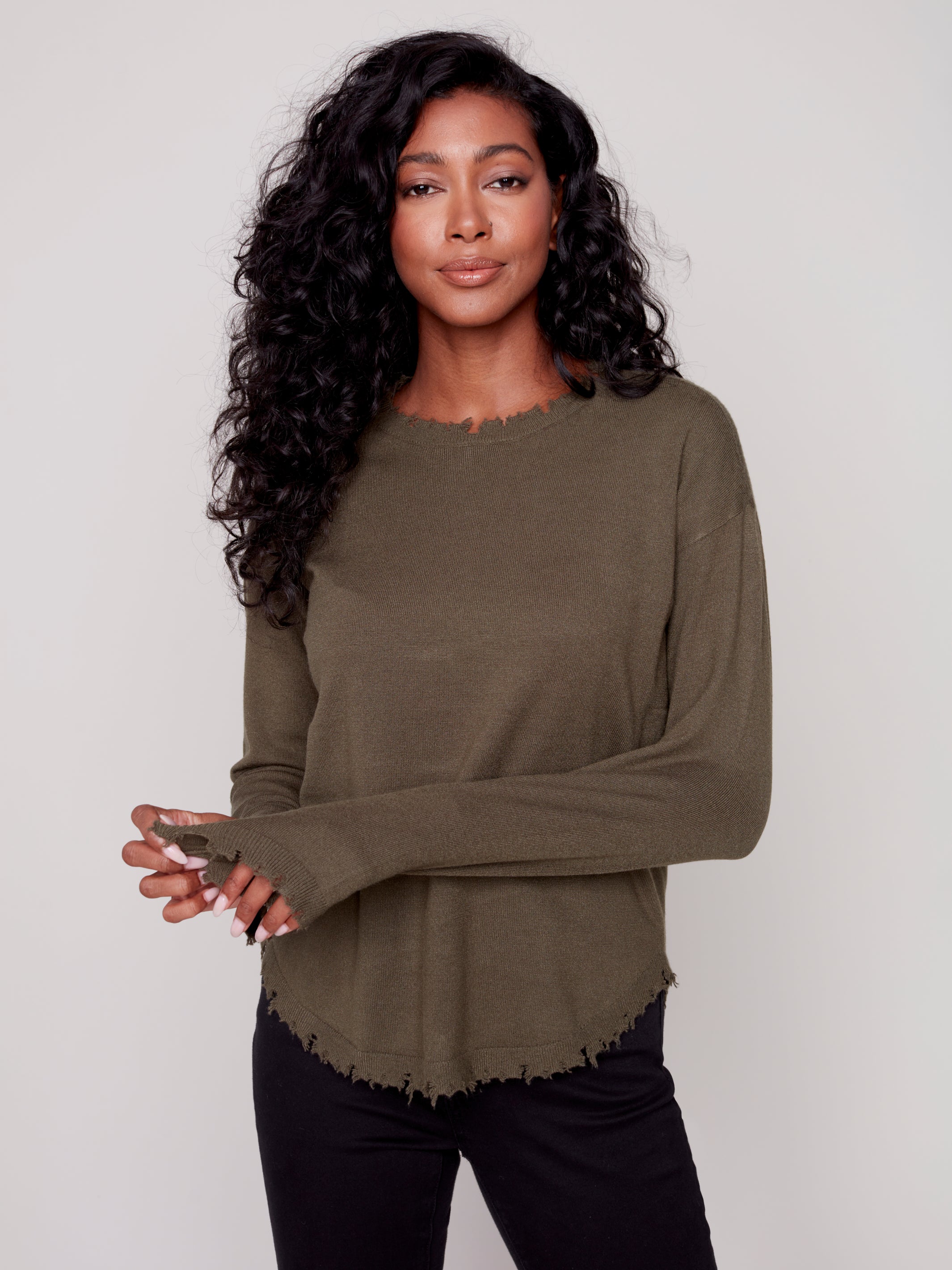 Charlie B Crew Neck Sweater with Fray Edges - Spruce