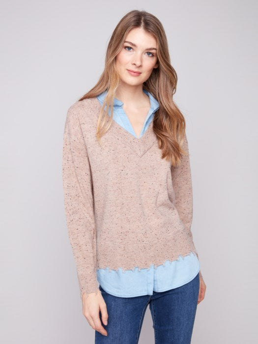 Charlie B V-Neck Fooler Sweater with Poplin Shirt Collar
