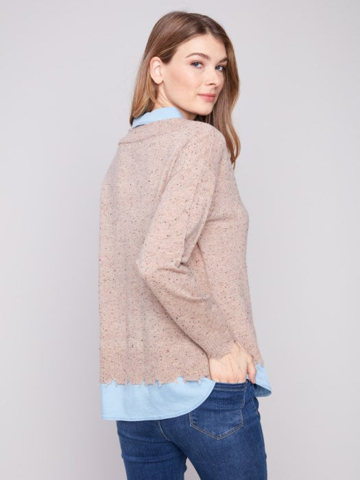 Charlie B V-Neck Fooler Sweater with Poplin Shirt Collar