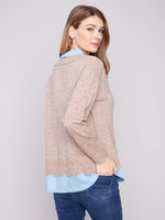 Charlie B V-Neck Fooler Sweater with Poplin Shirt Collar