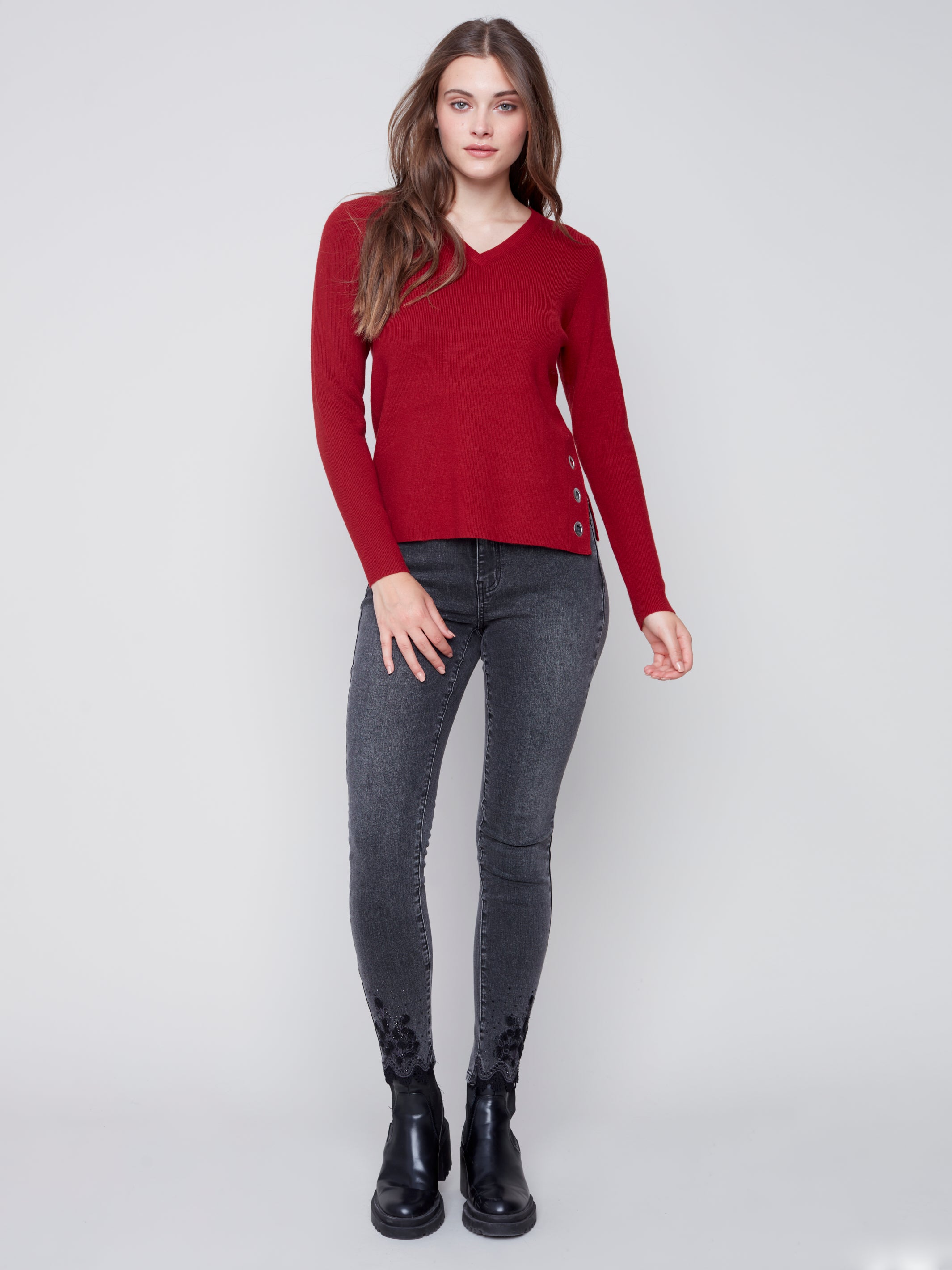 Charlie B Knit V-Neck Sweater with Grommet Detail
