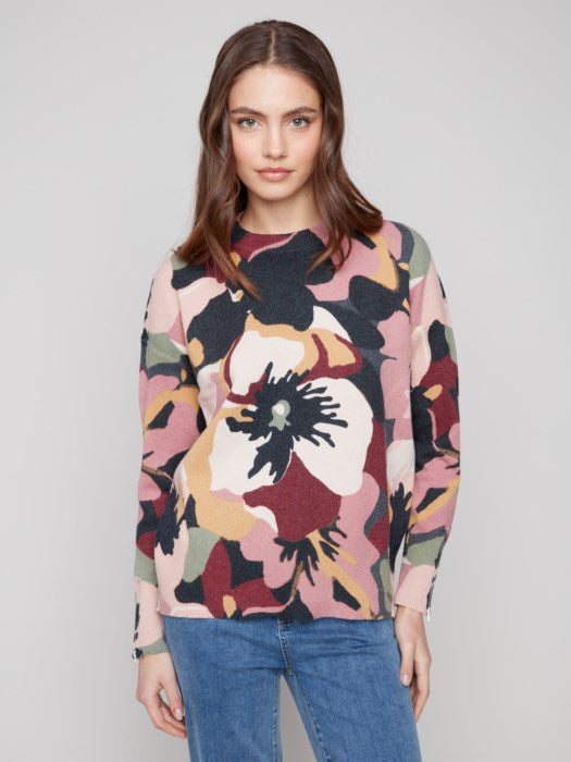 Charlie B Crew Neck Sweater with Zipper Sleeve Detail