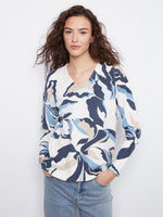 Charlie B Printed Long Sleeve Knit V-Neck Sweater - Azurine
