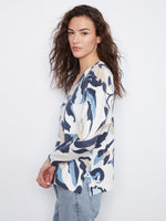 Charlie B Printed Long Sleeve Knit V-Neck Sweater - Azurine