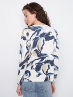 Charlie B Printed Long Sleeve Knit V-Neck Sweater - Azurine