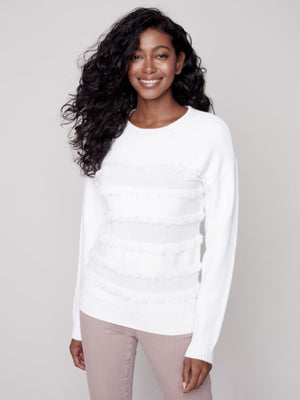 Charlie B Crew Neck Sweater with Frayed Detail - Cream