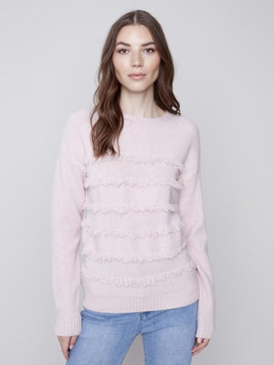 Charlie B Crew Neck Sweater with Frayed Detail - Powder