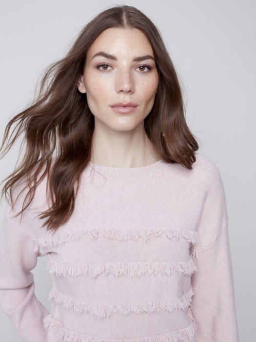 Charlie B Crew Neck Sweater with Frayed Detail - Powder
