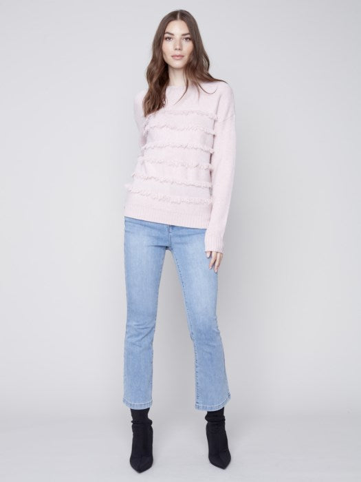Charlie B Crew Neck Sweater with Frayed Detail - Powder