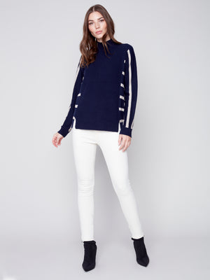 Charlie B Mock Neck Sweater with Striped Side Detail