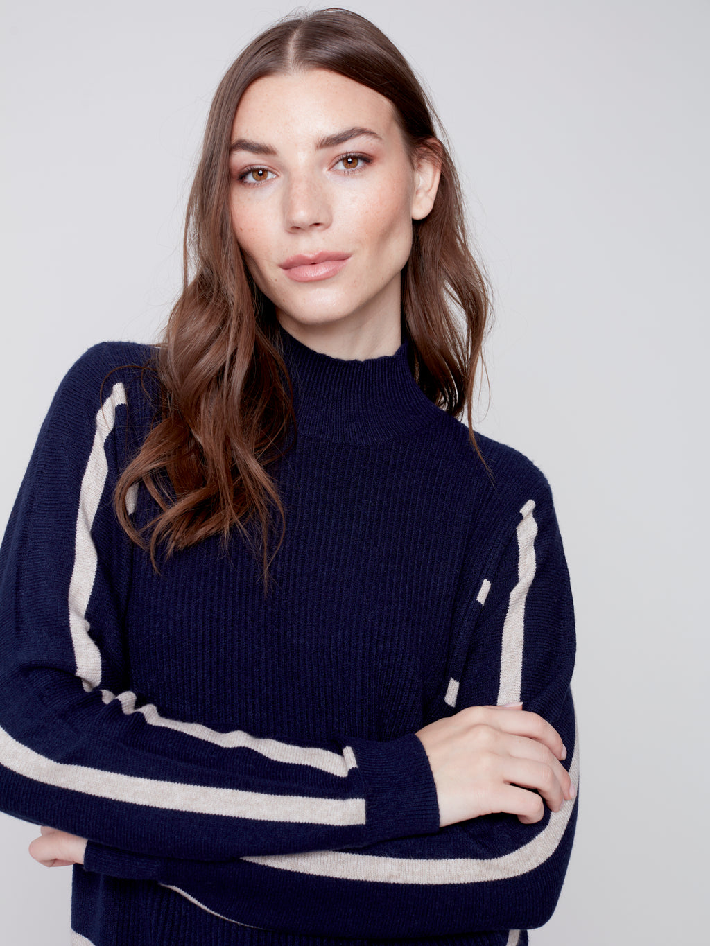 Charlie B Mock Neck Sweater with Striped Side Detail