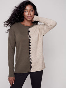 Charlie B Crew Neck Sweater with Color Blocking