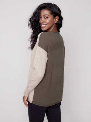 Charlie B Crew Neck Sweater with Color Blocking