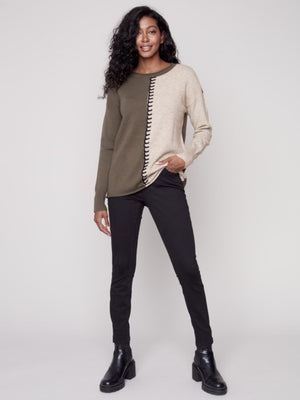 Charlie B Crew Neck Sweater with Color Blocking