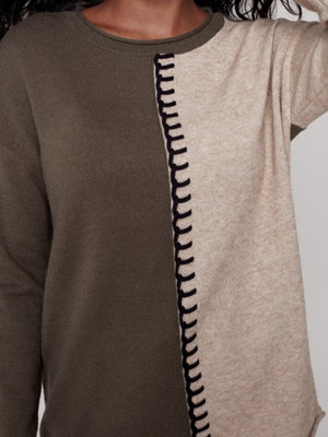 Charlie B Crew Neck Sweater with Color Blocking