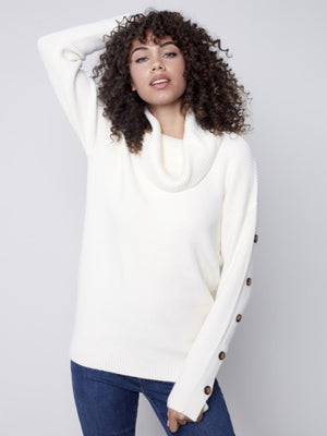 Charlie B Cowl Neck Sweater with Button Detail - Ecru