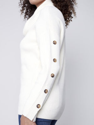 Charlie B Cowl Neck Sweater with Button Detail - Ecru