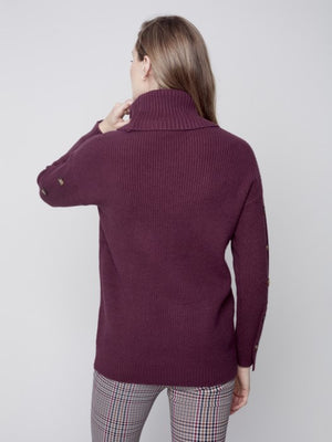 Charlie B Cowl Neck Sweater with Button Detail - Port