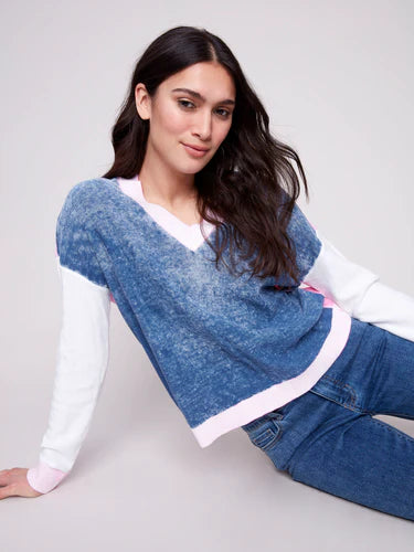 Charlie B Color Block Cotton V-Neck Sweater