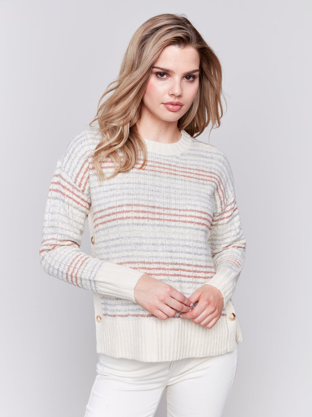 Charlie B Knit Striped Sweater with Side Button Detail