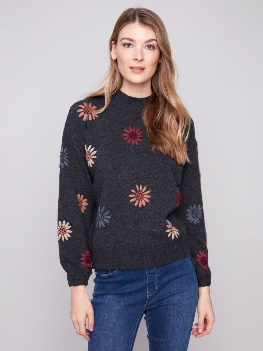 Charlie B Mock Neck Sweater with Yarn Floral Embroidery