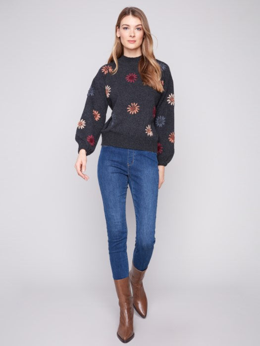 Charlie B Mock Neck Sweater with Yarn Floral Embroidery