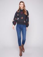 Charlie B Mock Neck Sweater with Yarn Floral Embroidery