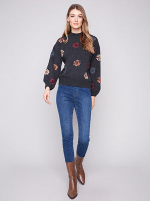 Charlie B Mock Neck Sweater with Yarn Floral Embroidery