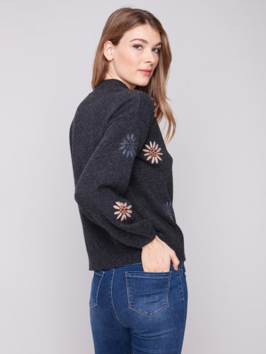 Charlie B Mock Neck Sweater with Yarn Floral Embroidery