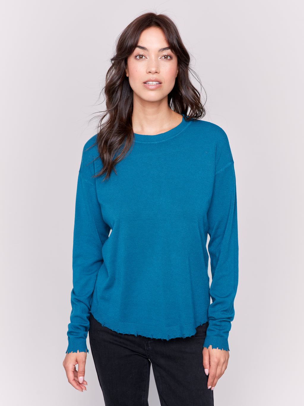 Charlie B Frayed Hem Sweater with Crew Neck - Peacock