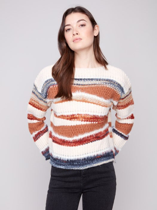 Charlie B Patchwork Knit Drop Shoulder Sweater - Sepia