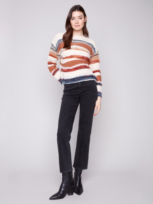 Charlie B Patchwork Knit Drop Shoulder Sweater - Sepia