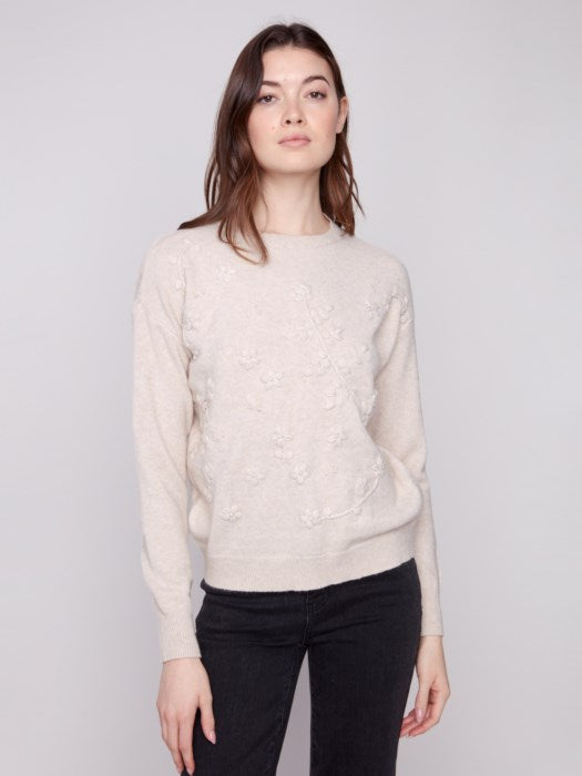Charlie B Crew Neck Sweater with Tonal Embroidery - Oat