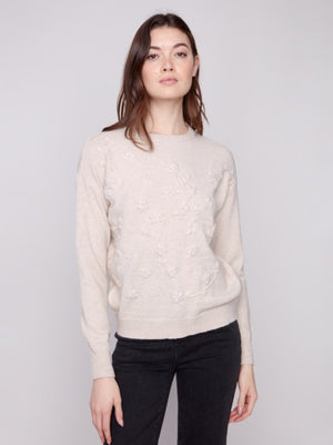 Charlie B Crew Neck Sweater with Tonal Embroidery - Oat