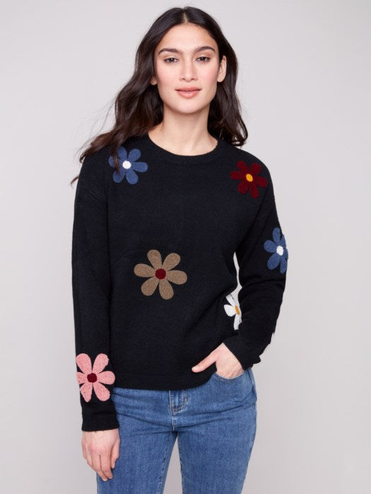 Charlie B Plush Crew Neck Sweater with Bouchle Flowers