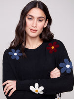 Charlie B Plush Crew Neck Sweater with Bouchle Flowers