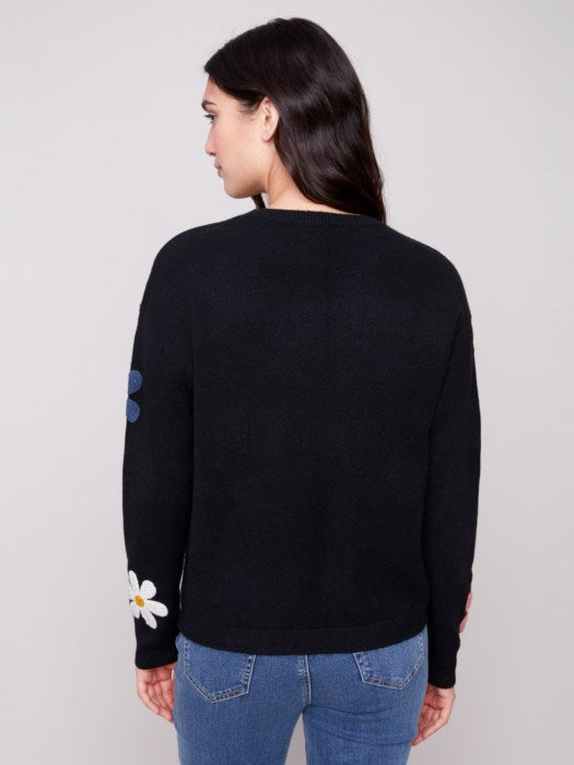 Charlie B Plush Crew Neck Sweater with Bouchle Flowers