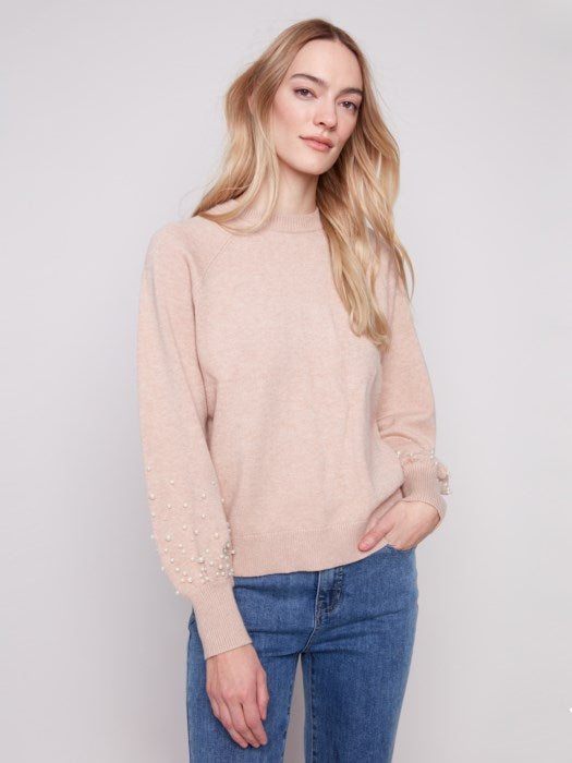 Charlie B Crew Neck Puff Sleeve Sweater with Pearl Sleeve