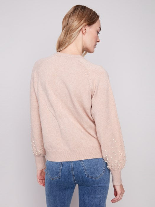 Charlie B Crew Neck Puff Sleeve Sweater with Pearl Sleeve