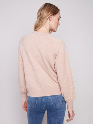 Charlie B Crew Neck Puff Sleeve Sweater with Pearl Sleeve