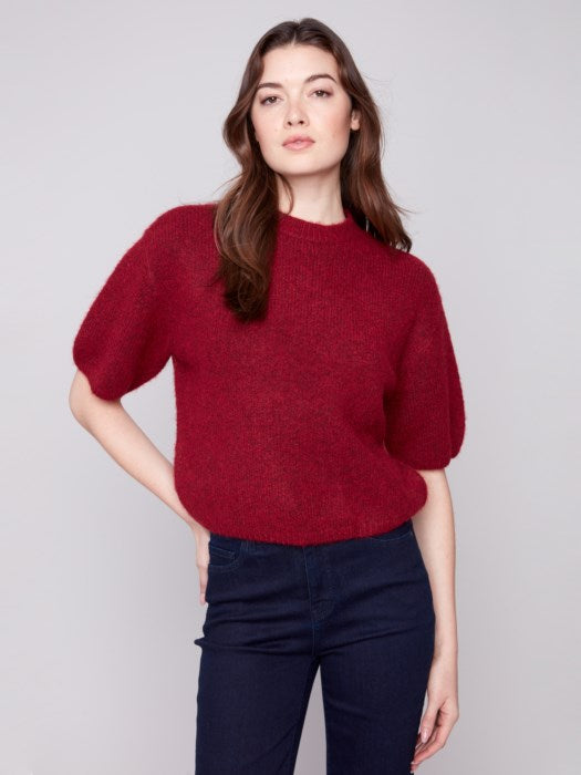 Charlie B Hairy Knit Elbow Sleeve Sweater - Cabernet