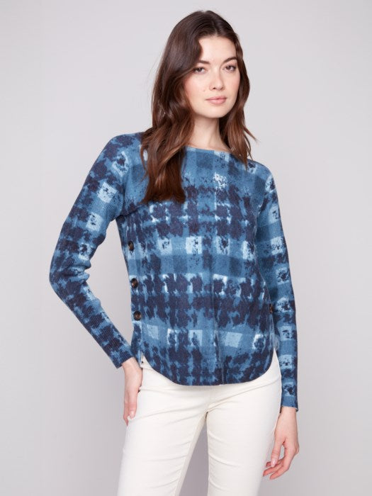 Charlie B Printed Boat Neck Sweater with Side Buttons
