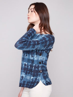 Charlie B Printed Boat Neck Sweater with Side Buttons