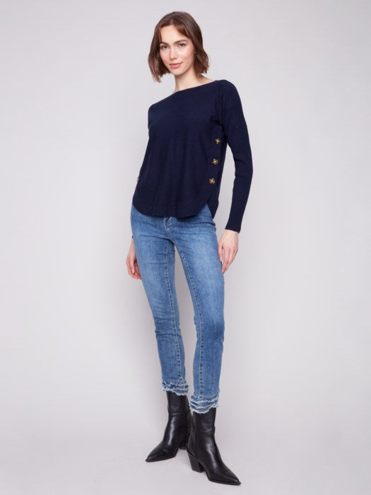 Charlie B Boat Neck Sweater with Side Buttons - Navy